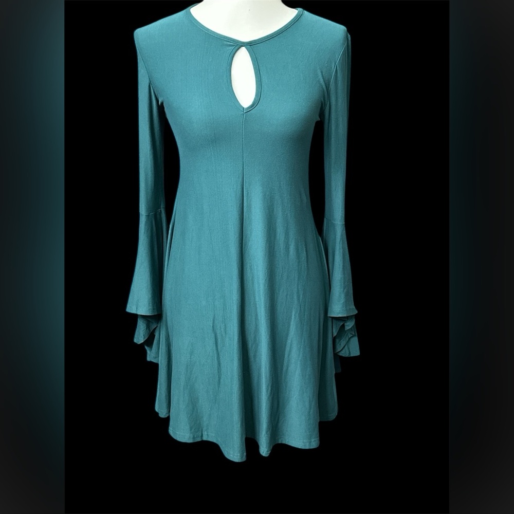 Planet Gold Green Teal A-Line Bell Sleeve Dress Retro Boho Stretch Size Small